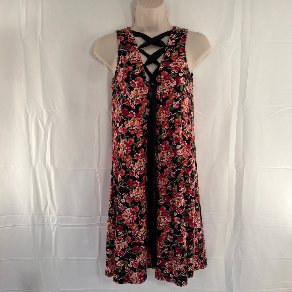Floral Lace Up Front Sleeveless Dress Black Red Rose A-Line Swing Mini Dress